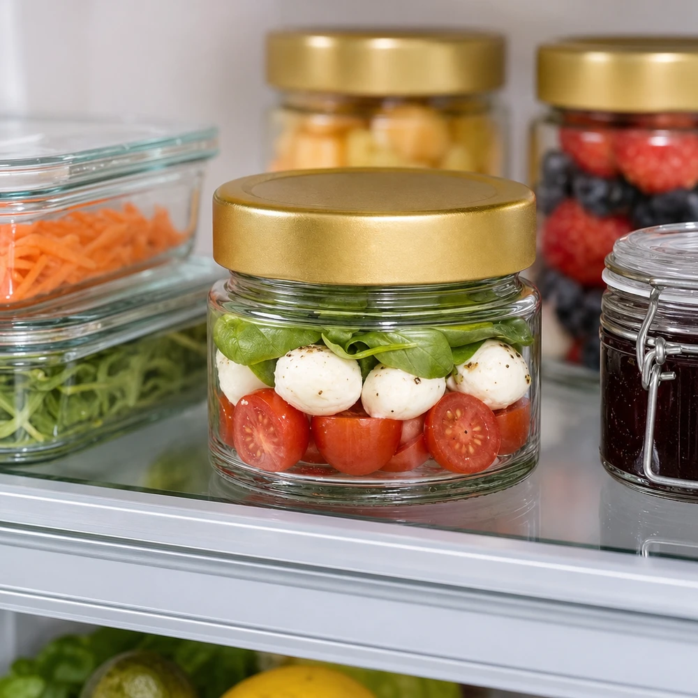 80ml Verre rond avec couvercle BasicSeal or UNiTWIST Caprese-Salat im 80ml Rundglas mit goldenem Deckel im Kühlschrank - praktische Aufbewahrung für Meal Prep