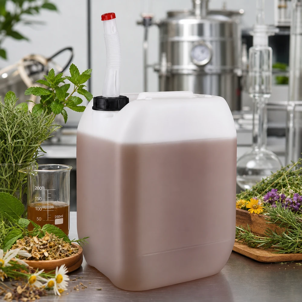 Conditionnement d'extraits de plantes dans des bidons de 10 litres équipés d'un tuyau de vidange flexible dans le cadre de la production de cosmétiques naturels