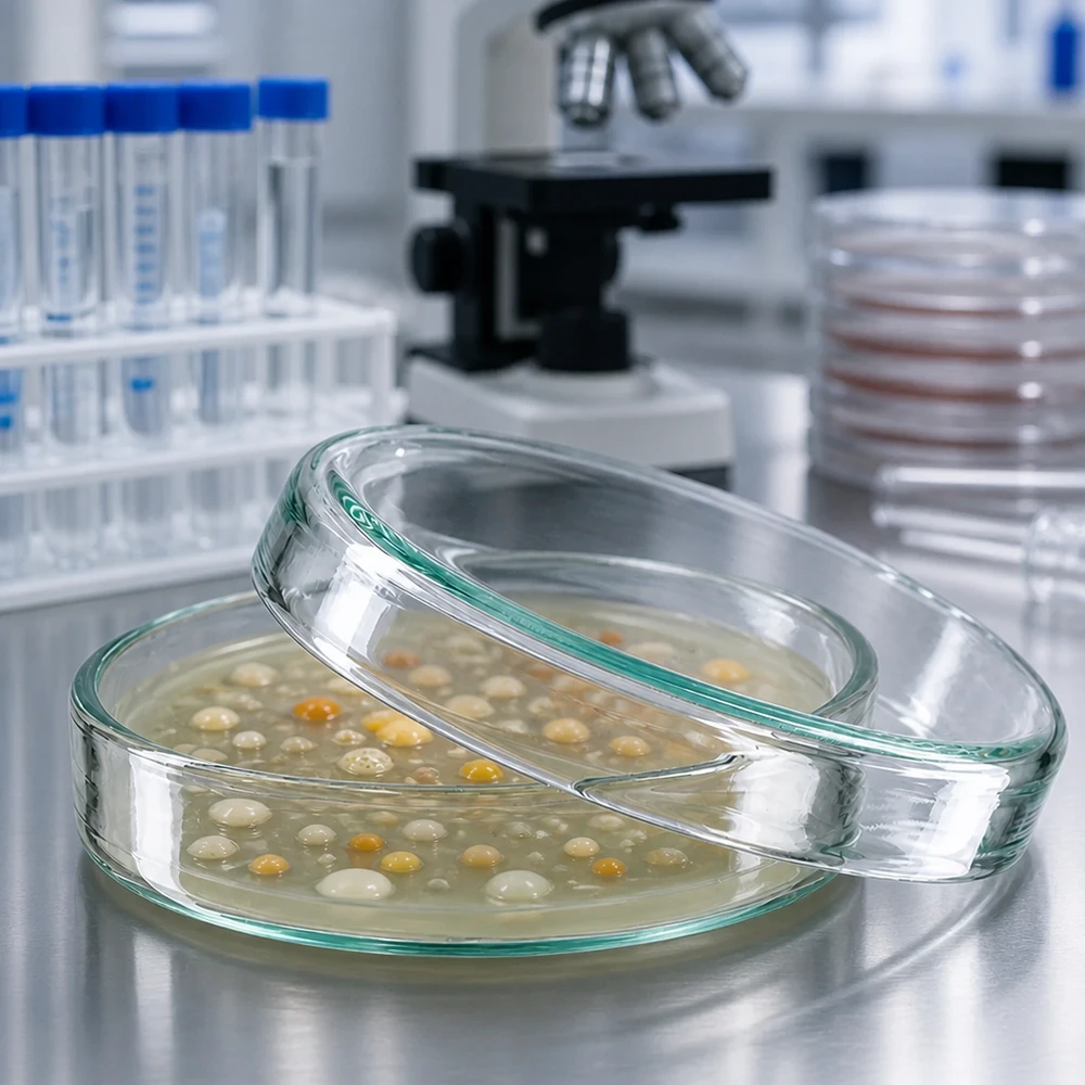 Boîtes de Pétri en verre ouvertes de 60 x 15 mm contenant des cultures bactériennes sur gélose, dans un laboratoire