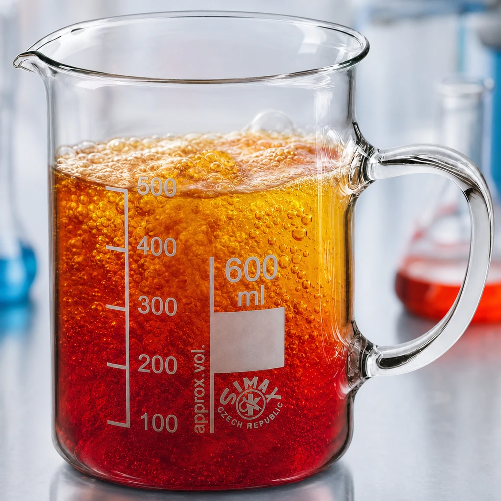 Bécher avec poignée 600ml en verre borosilicate résistant à la chaleur (forme normale) Bécher de 600 ml muni d'une anse, rempli d'un liquide mousseux rouge-orange, dans un laboratoire