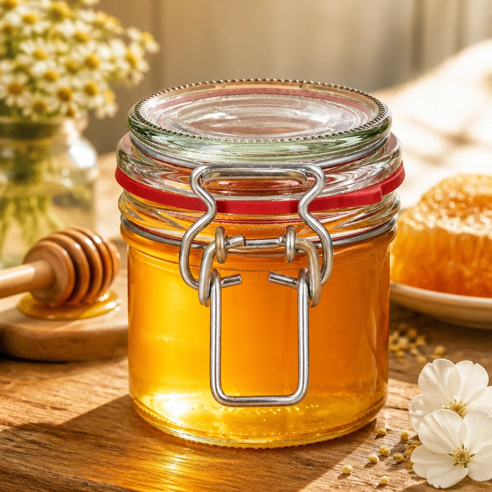 Bocal de conservation de 135 ml, type G, avec bouchon à clip UN.. Bocal de conservation de 135 ml, type G, avec bouchon à clip UN..
