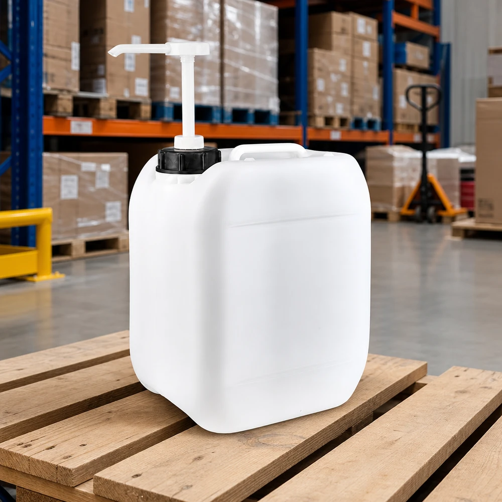 Bidon blanc de 5 litres muni d'une pompe doseuse, posé sur une palette en bois dans un entrepôt professionnel équipé de rayonnages en hauteur