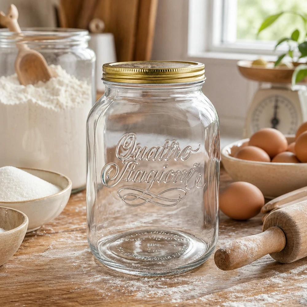 Quattro Stagioni 3000ml boîte en verre dans la cuisine avec des ingrédients de boulangerie farine oeufs et rouleau à pâtisserie pour la conservation des aliments