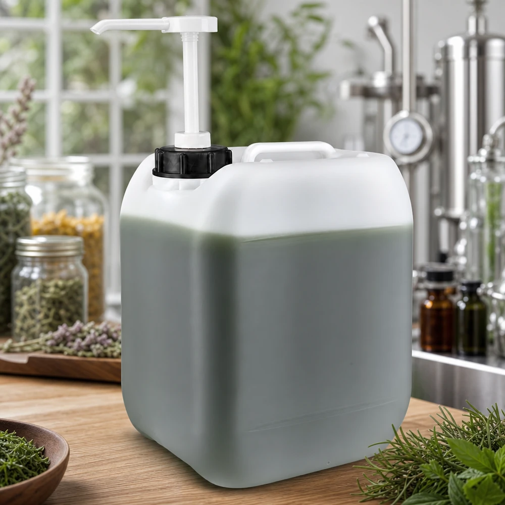 Bidon gris clair de 5 litres muni d'un distributeur à pompe, posé sur une surface en bois et entouré d'herbes fraîches