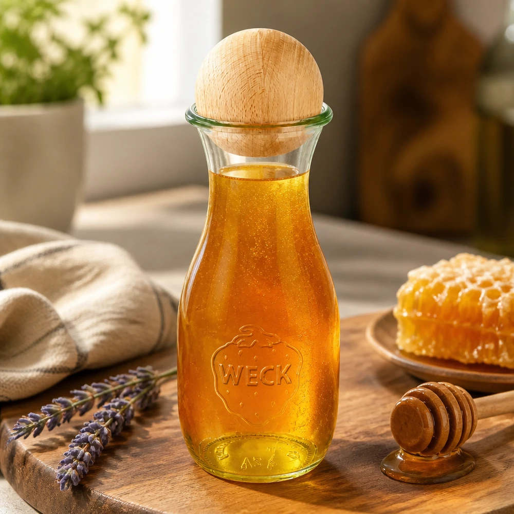530ml Bouteille à jus de fruits WECK RR60 avec boule en bois en hêtre Bouteille en verre WECK de 530 ml remplie de miel et boule en bois de hêtre sur planche en bois décorée de nid d'abeille et de lavande