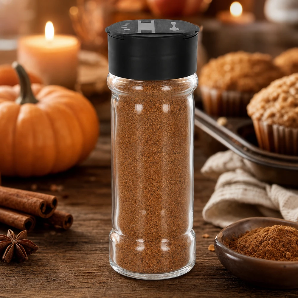 Pot à sel/épices 100 ml avec double saupoudreuse, noir Pot à épices de 100 ml rempli de cannelle en poudre, accompagné d'un saupoudreur double noir, à côté d'une décoration d'automne