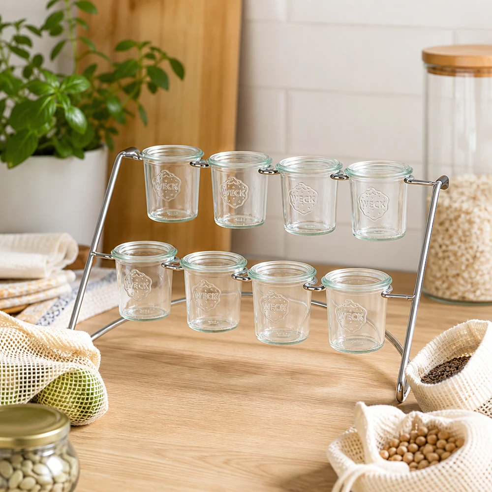 Support de service Flato8 avec des bocaux vides WECK dans un environnement de cuisine naturel avec des produits bio et durables