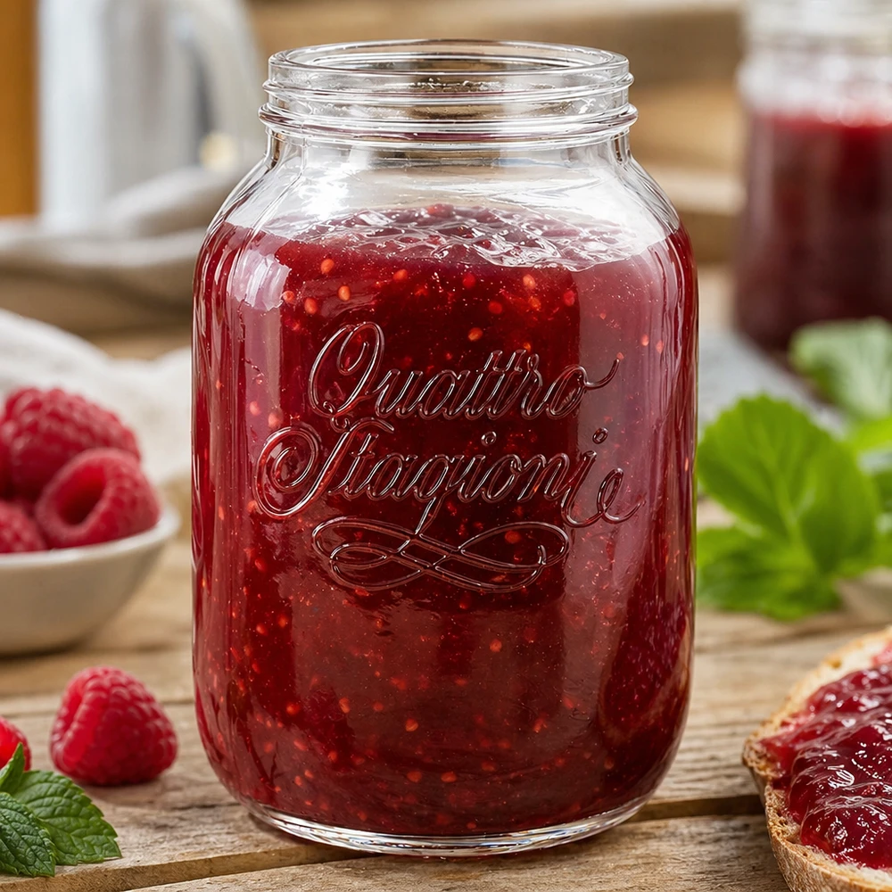 3000ml Quattro Stagioni Pot ménager rempli de confiture rouge à côté de fraises fraîches sur une table en bois