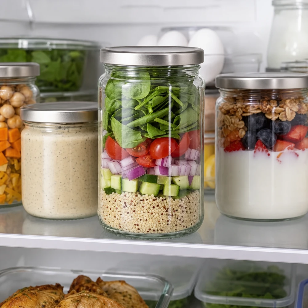305ml Verre rond avec couvercle BasicSeal argent UNiTWIST Pot rond de 305ml avec couvercle BasicSeal comme récipient Meal Prep pour la salade au réfrigérateur avec système de couches