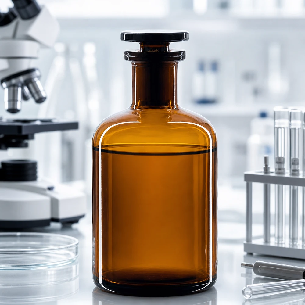 Bouteille à épaulement arrondi de 100 ml, marron, à col étroit, avec bouchon en verre, dans un laboratoire moderne équipé d'un microscope