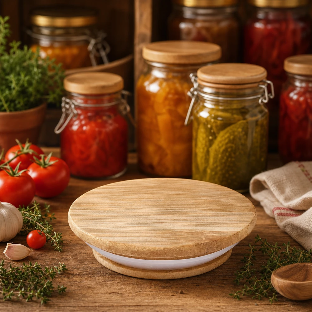 Couvercle en bois RR80 WECK Couvercle en bois WECK RR80 dans cuisine rustique avec bocaux de tomates concombres et herbes fraîches scène lifestyle