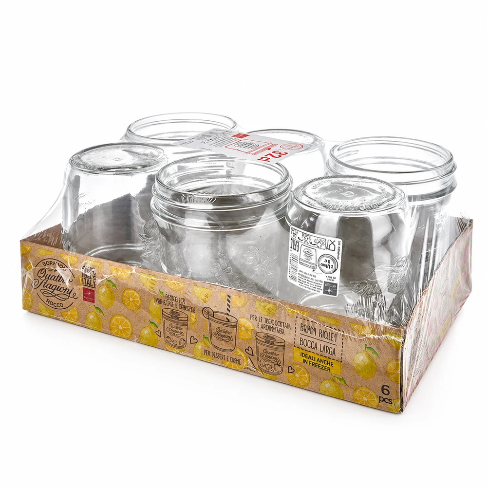 320ml Verre à pied 'Quattro Stagioni' QS86mm Lot de 6 pots Quattro Stagioni de 320ml avec couvercle à visser, en vente pour la mise en conserve.