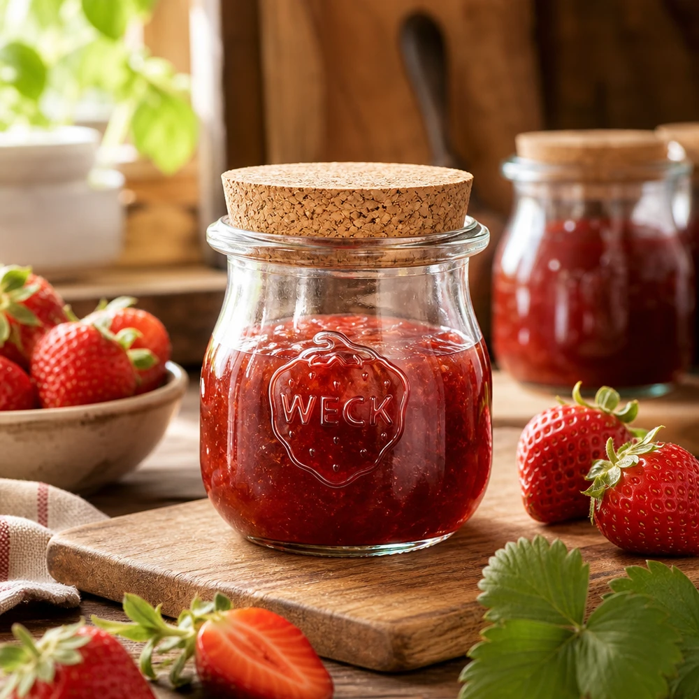 WECK Pot tulipe 75ml avec bouchon rempli de confiture de fraise sur planche en bois entourée de fraises fraîches Scène de cuisine