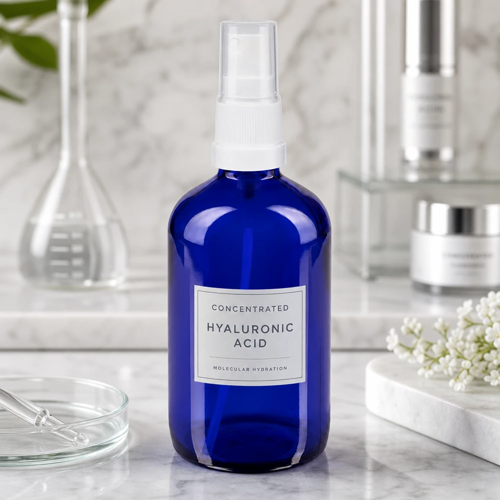 Flacon pulvérisateur STD bleu de 100 ml avec pommeau blanc, rempli de sérum à l'acide hyaluronique, sur fond de marbre