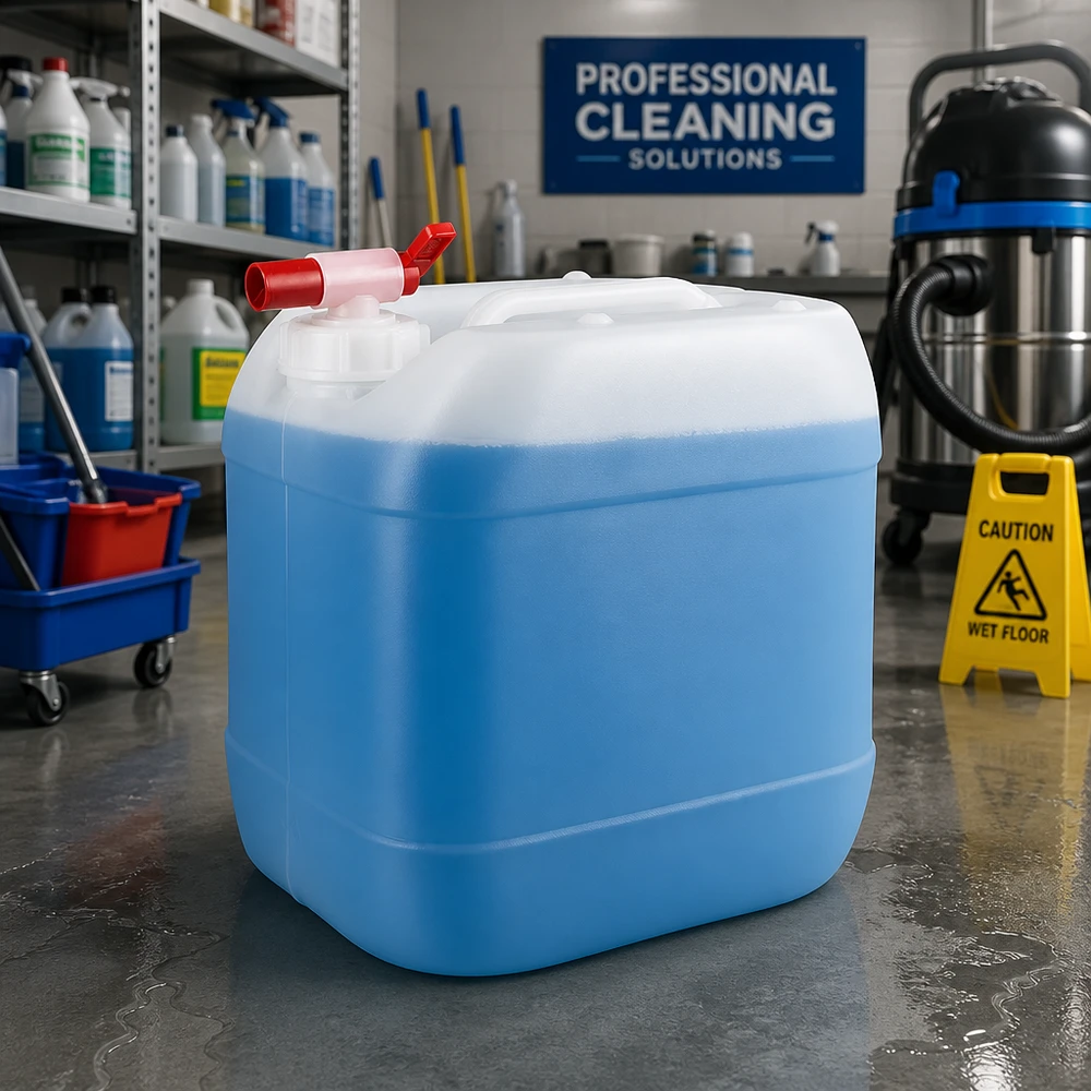 Jerrican de 15 litres avec robinet Bidon bleu de 15 litres muni d'un robinet de vidange rouge, dans un espace de stockage de produits d'entretien professionnels
