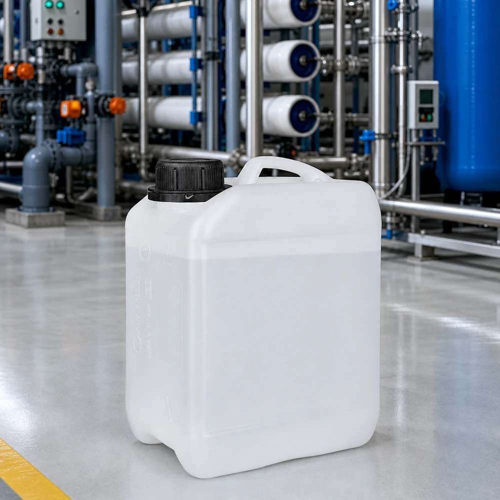 Bidon rectangulaire de 2,5 litres en PEHD, muni d'un large bouchon à vis, destiné à une station de traitement de l'eau
