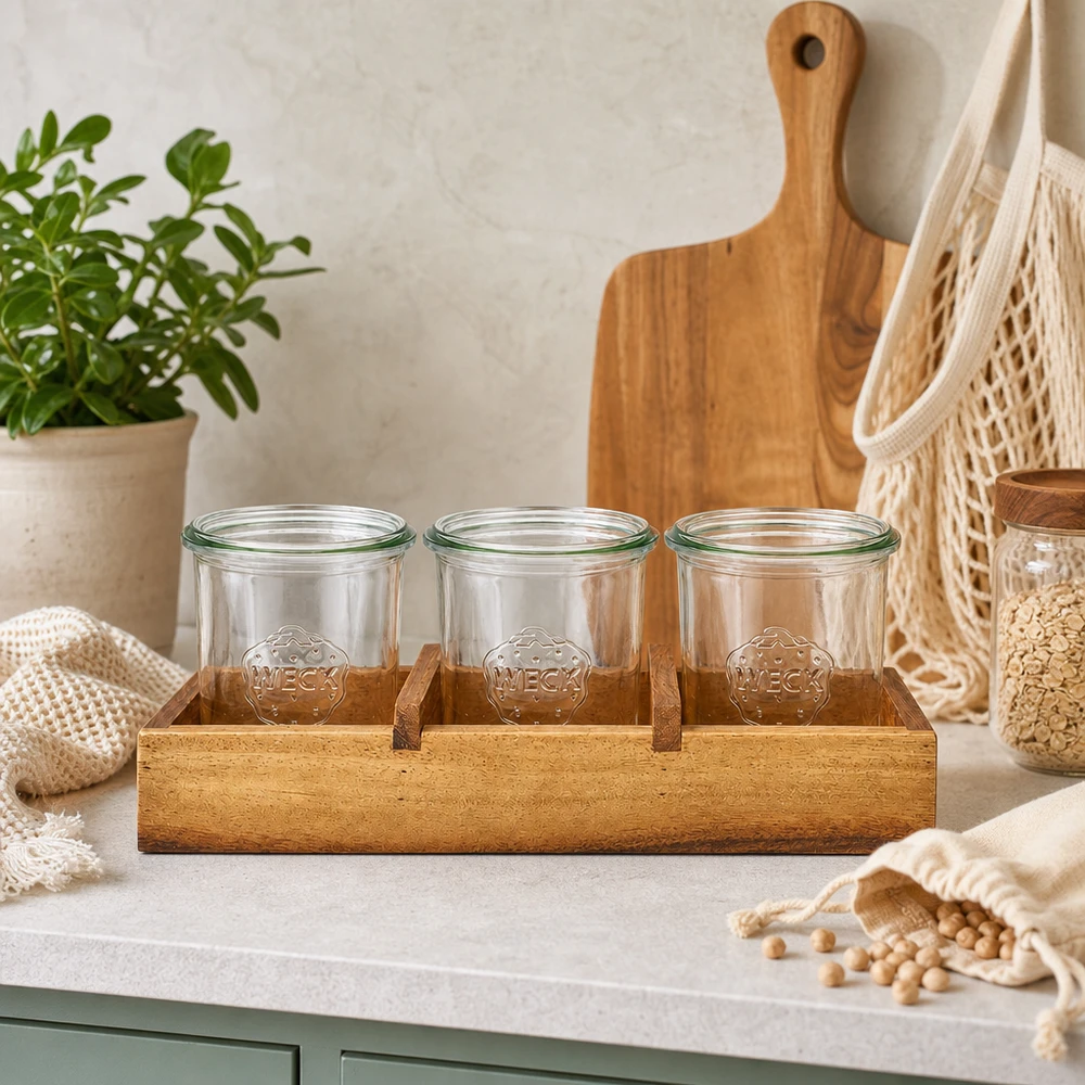 Plateau de présentation en bois daulne massif pour 3 bocaux Weck RR60 Planche à servir Box3 Bois d'acacia trois bocaux vides WECK Scène de cuisine avec plante Planche à découper Verres de rangement naturel