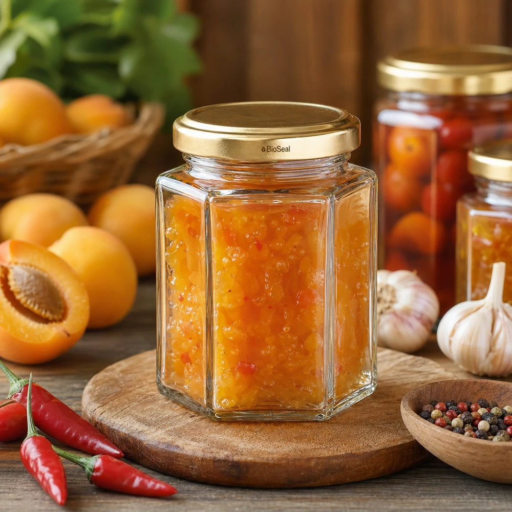 UNiTWIST Hexa196 Pot de confiture avec couvercle TO58 BioSeal doré rempli de confiture d'abricot à côté de chili et d'abricot