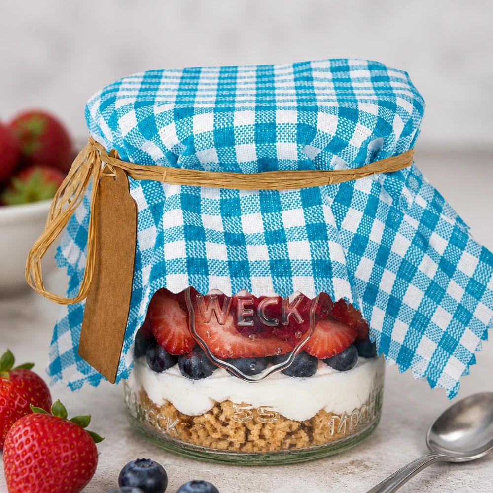 Tissu napperon pour décoratif turquoise à carreaux 15cm carré Türkis-kariertes Stoff Schmuckdeckchen auf Dessertglas mit Beeren-Schichtdessert und Raffiabast-Verschluss dekoriert
