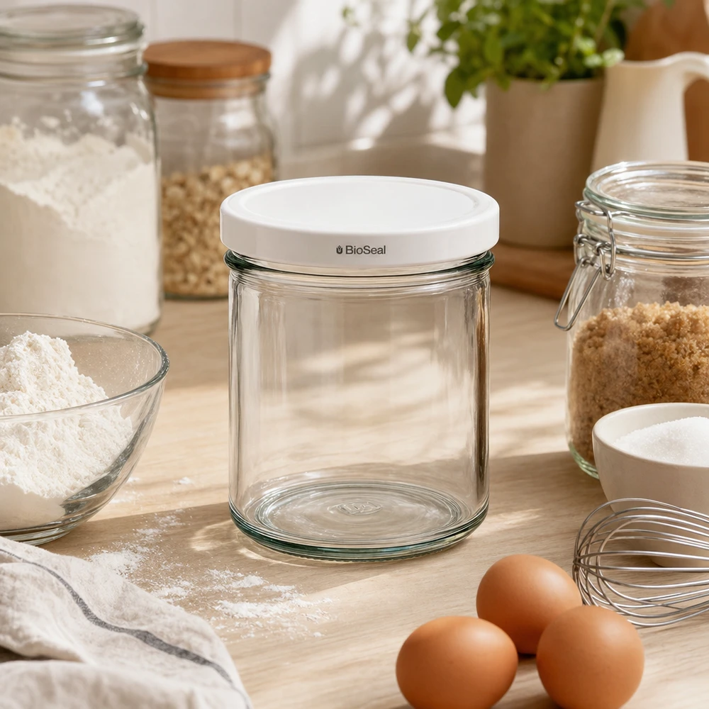 167ml Verre conique avec couvercle BioSeal blanc UNiTWIST UNiTWIST 167ml Bocal vide Scène de cuisine Ingrédients de cuisson Oeufs Farine blanc TO66 BioSeal Couvercle Conservation des aliments