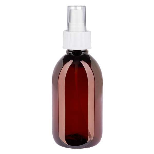Flacon médical de 250 ml en PET, avec spray blanc GCMI 28/410 et capuchon transparent standard Flacon médical de 250 ml en PET, avec spray blanc GCMI 28/410 et capuchon transparent standard