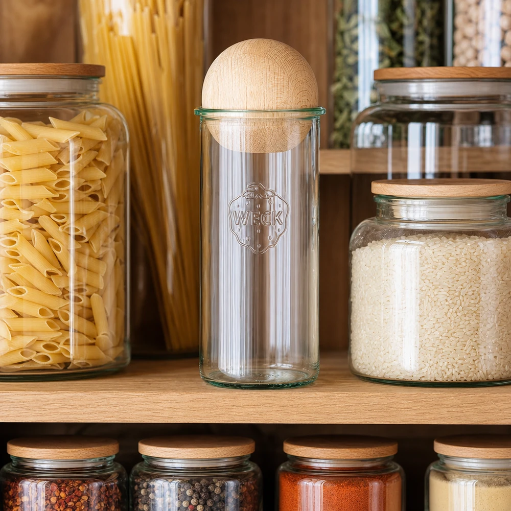 1500ml bocal conique WECK RR100 avec boule en bois en hêtre WECK RR100 Verre renversé 1500ml dans un environnement de pantry à côté des pâtes et du riz, couvercle en bois sphérique en hêtre visible