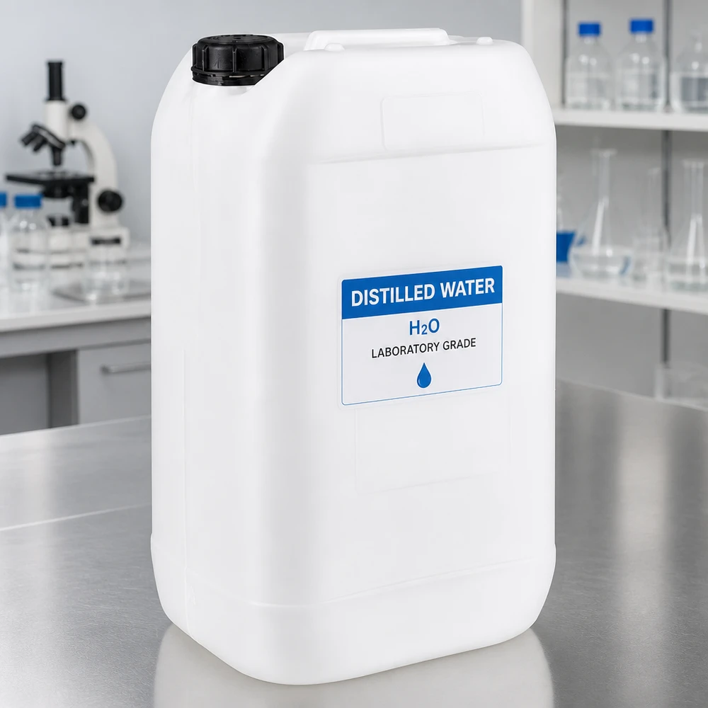 Bidon de laboratoire de 15 litres rempli d'eau distillée H₂O, dans un récipient en PEHD blanc