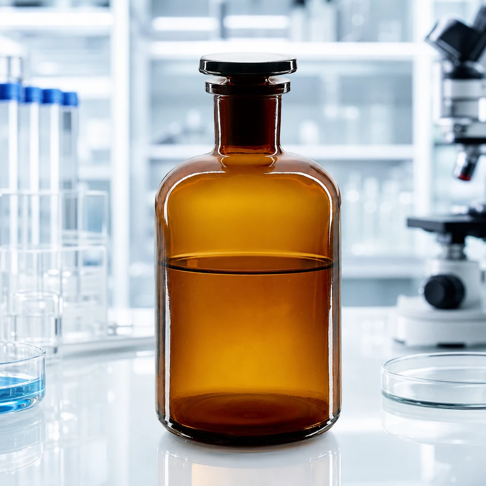Flacon pharmaceutique 500 ml col étroit en verre ambré + bouchon Flacon en verre brun à épaulement arrondi, 500 ml, col étroit, protection contre les UV pour les substances sensibles à la lumière