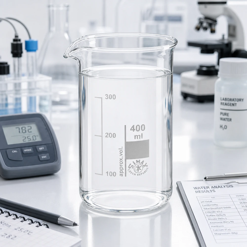 Bécher 400ml en verre borosilicate résistant à la chaleur (forme haute) Bécher transparent de 400 ml, de forme haute, contenant de l'eau claire et un pH-mètre, dans un laboratoire