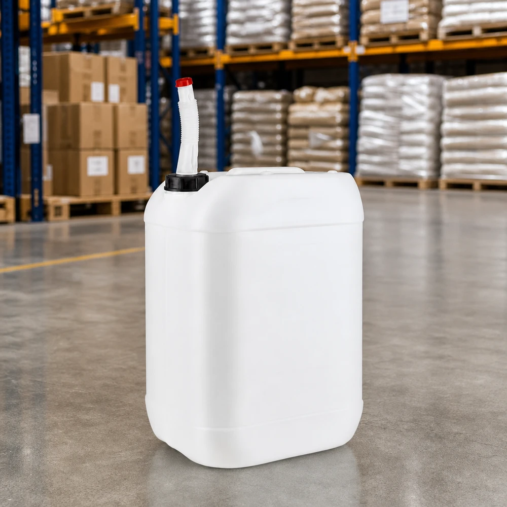 Bidon de 25 L adapté au contact alimentaire, avec bec verseur flexible et bouchon à vis noir, disponible en stock