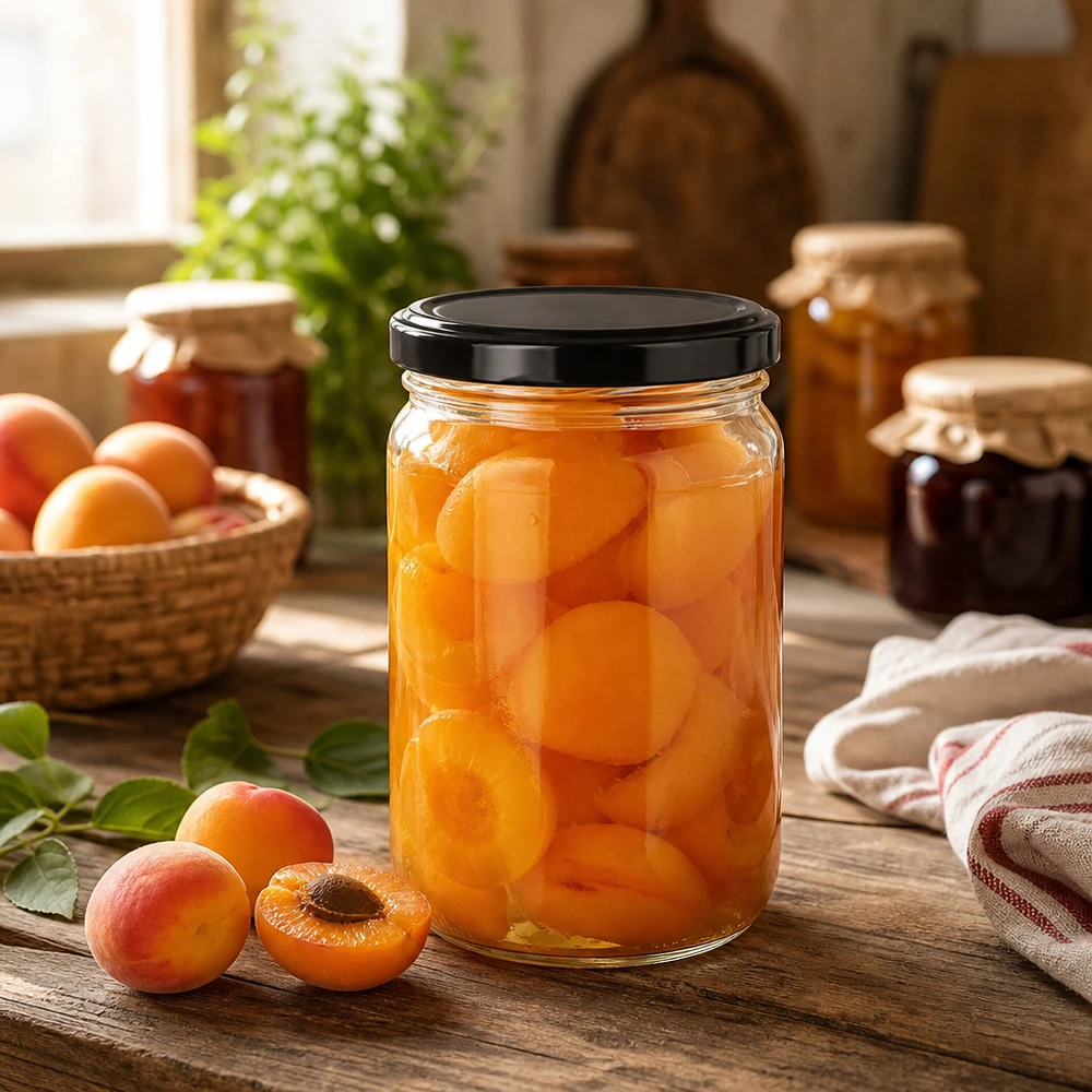305ml Verre rond avec couvercle BasicSeal noir UNiTWIST Verre rond 305ml UNiTWIST avec couvercle noir rempli d'abricots confits dans une cuisine rustique
