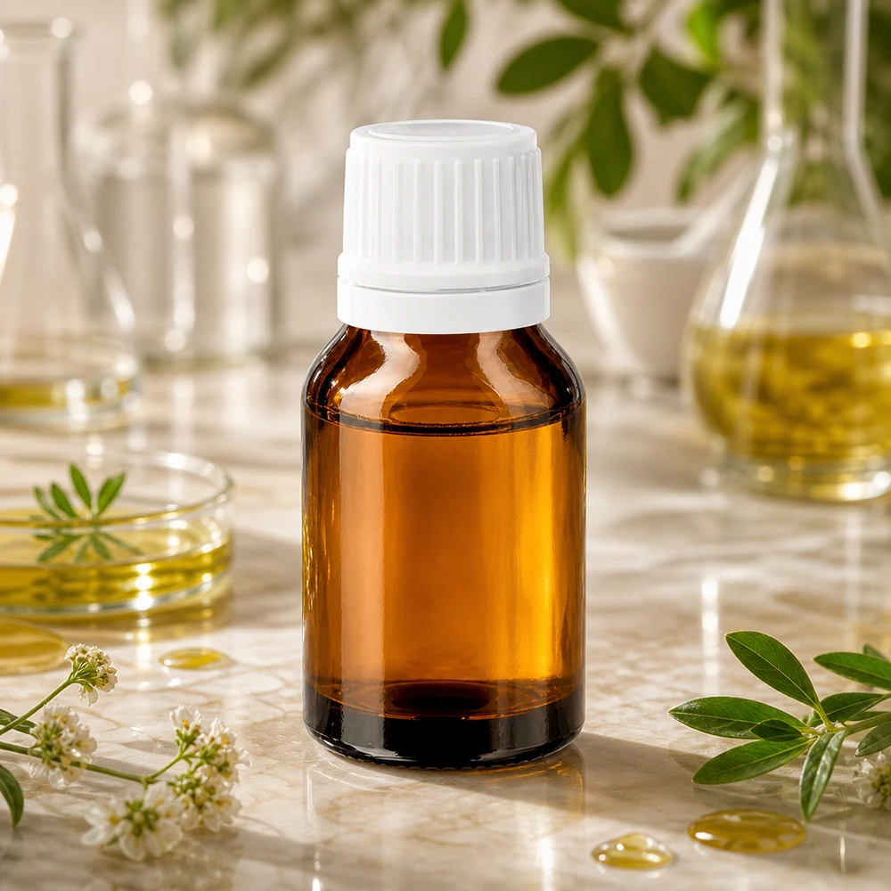 Flacon à pharmacie brun 15ml bouchon inviolable blanc 1.2mm blanc bouchon inviolabilité Flacon compte-gouttes de 15 ml de couleur ambre, muni d'un bouchon à vis blanc, posé sur du marbre et entouré de plantes médicinales