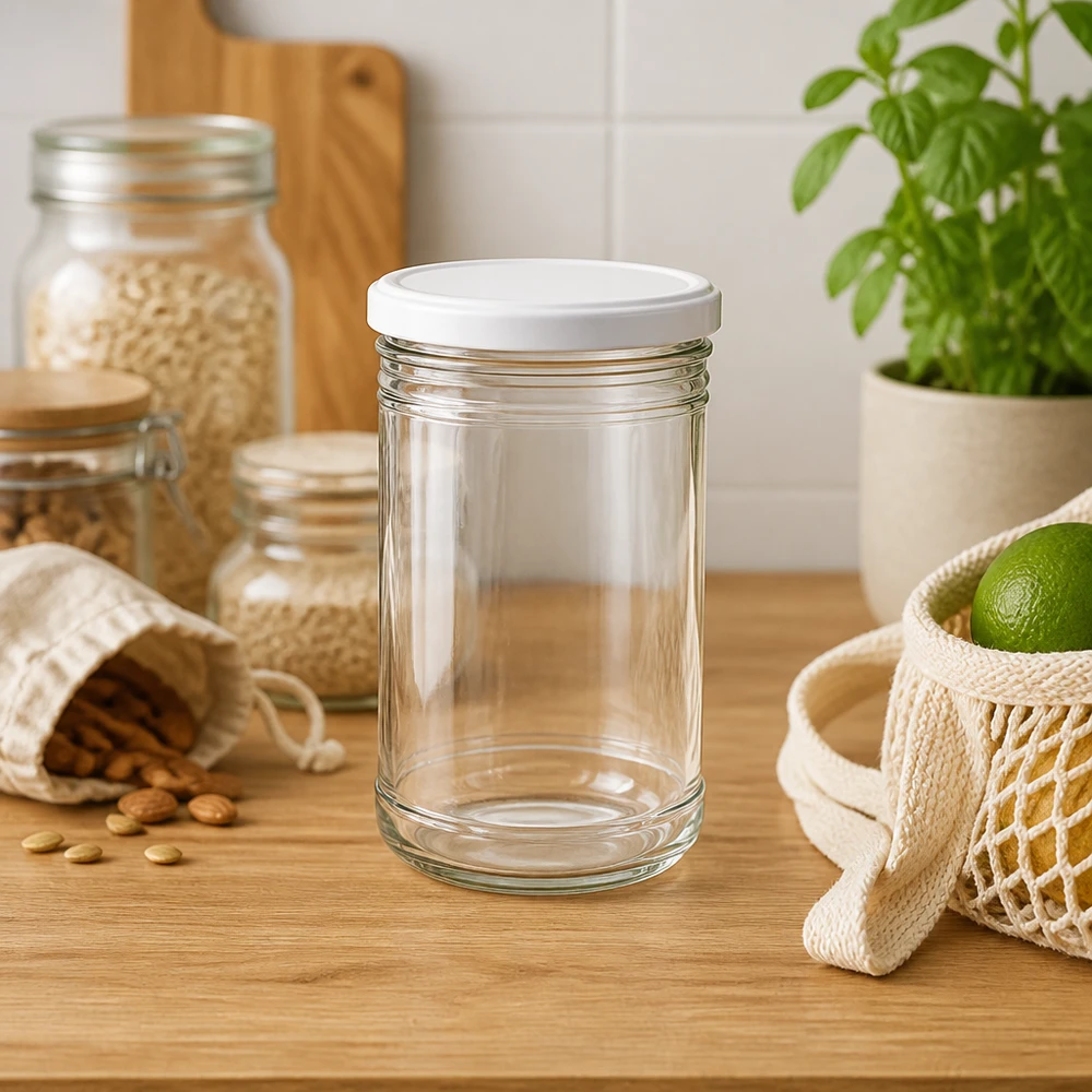 1053ml verre linteau vide sur plan de travail en bois dans cuisine moderne avec sac à provisions en filet et plante de basilic Lifestyle