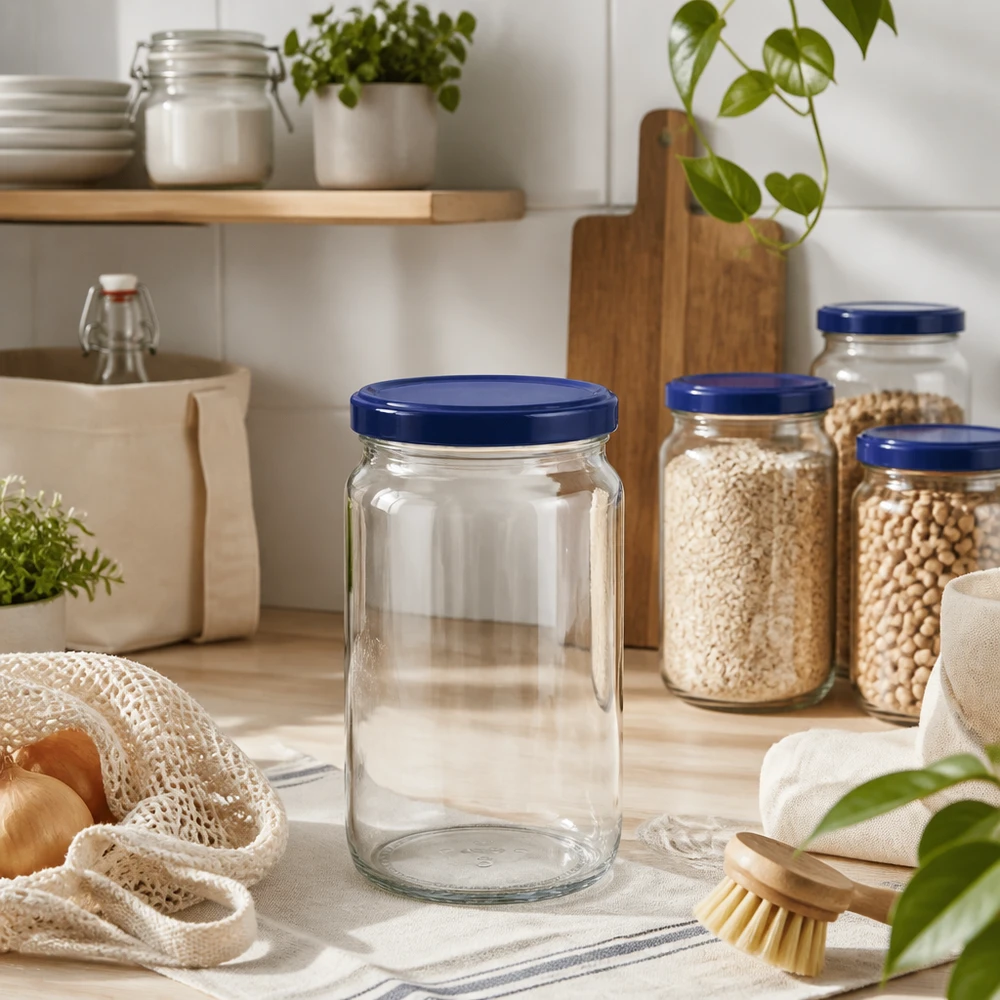 795ml Verre rond avec couvercle BasicSeal bleu UNiTWIST Bocal rond vide de 795ml avec couvercle bleu UNiTWIST dans une cuisine durable avec des bocaux à provisions et des éléments en bois