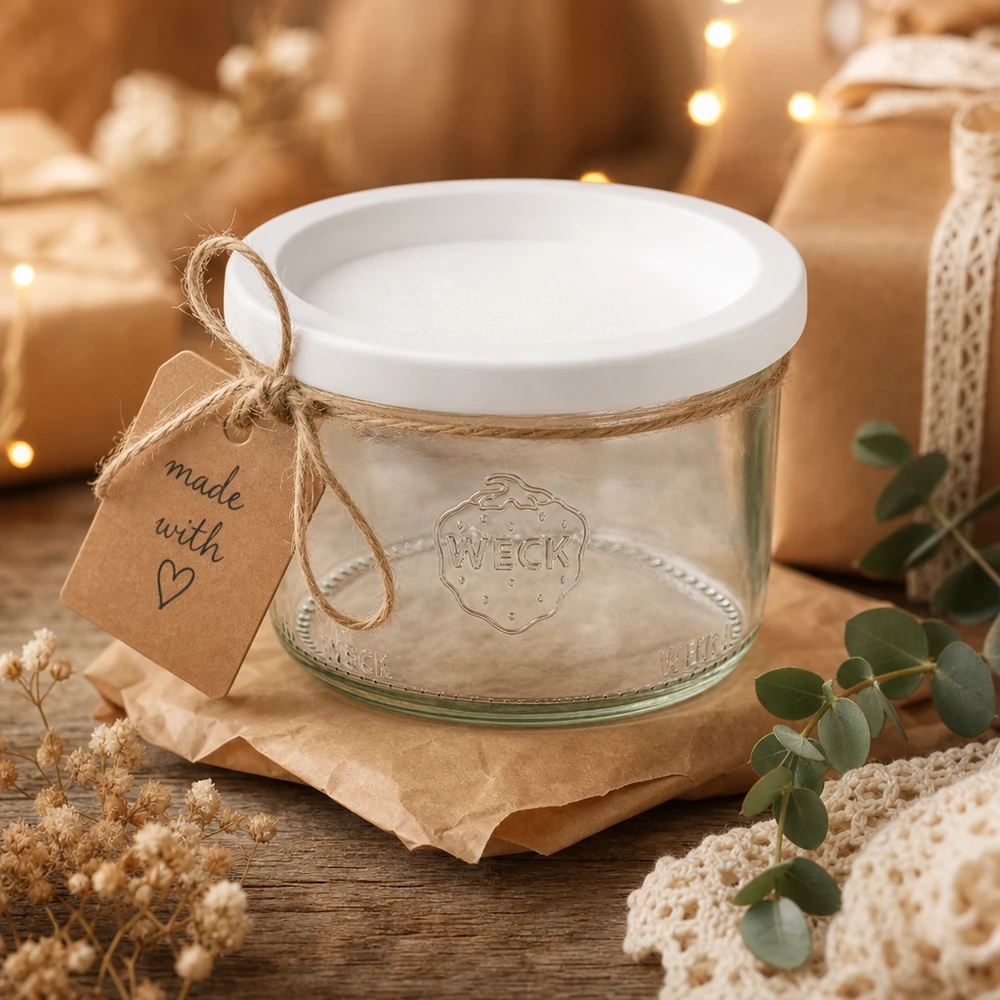200ml bocal conique avec couvercle fraîcheur WECK RR80 WECK Verre renversé 200ml RR80 comme cadeau décoré avec une corde de jute et un pendentif Made with Love sur une table en bois