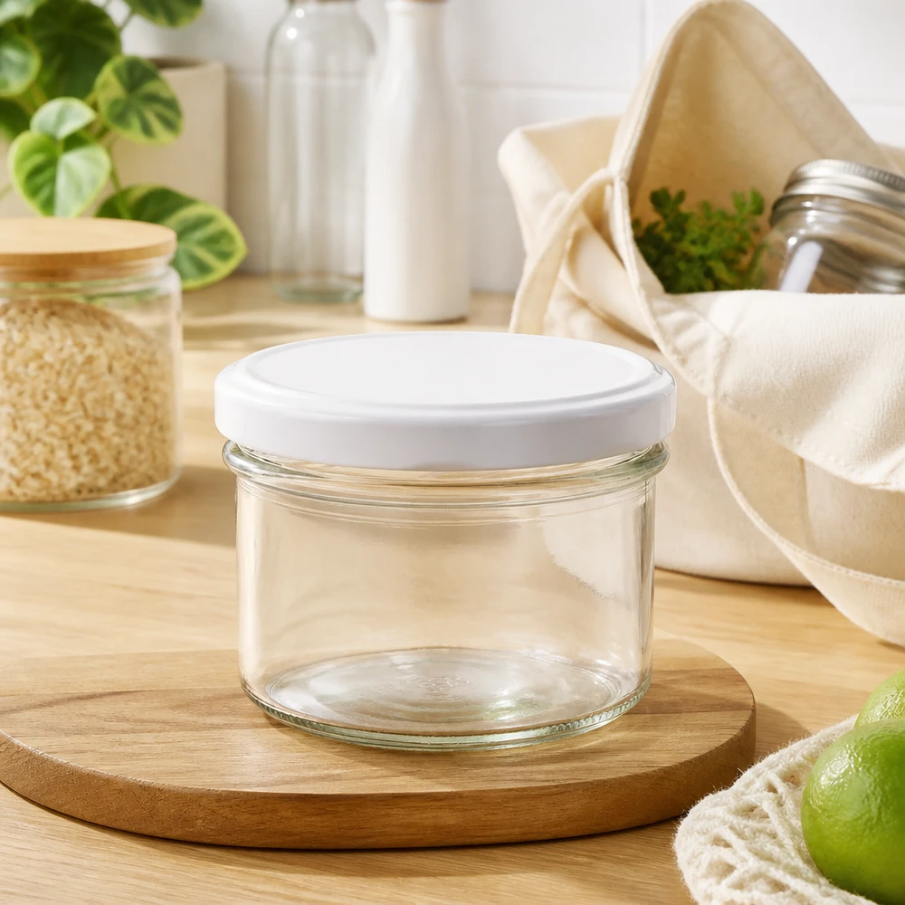 225ml Verre conique avec couvercle BasicSeal blanc UNiTWIST 225ml Sturzglas mit weißem Deckel auf Holztablett in natürlicher Küchenumgebung mit Vorratsgläsern und Pflanzen
