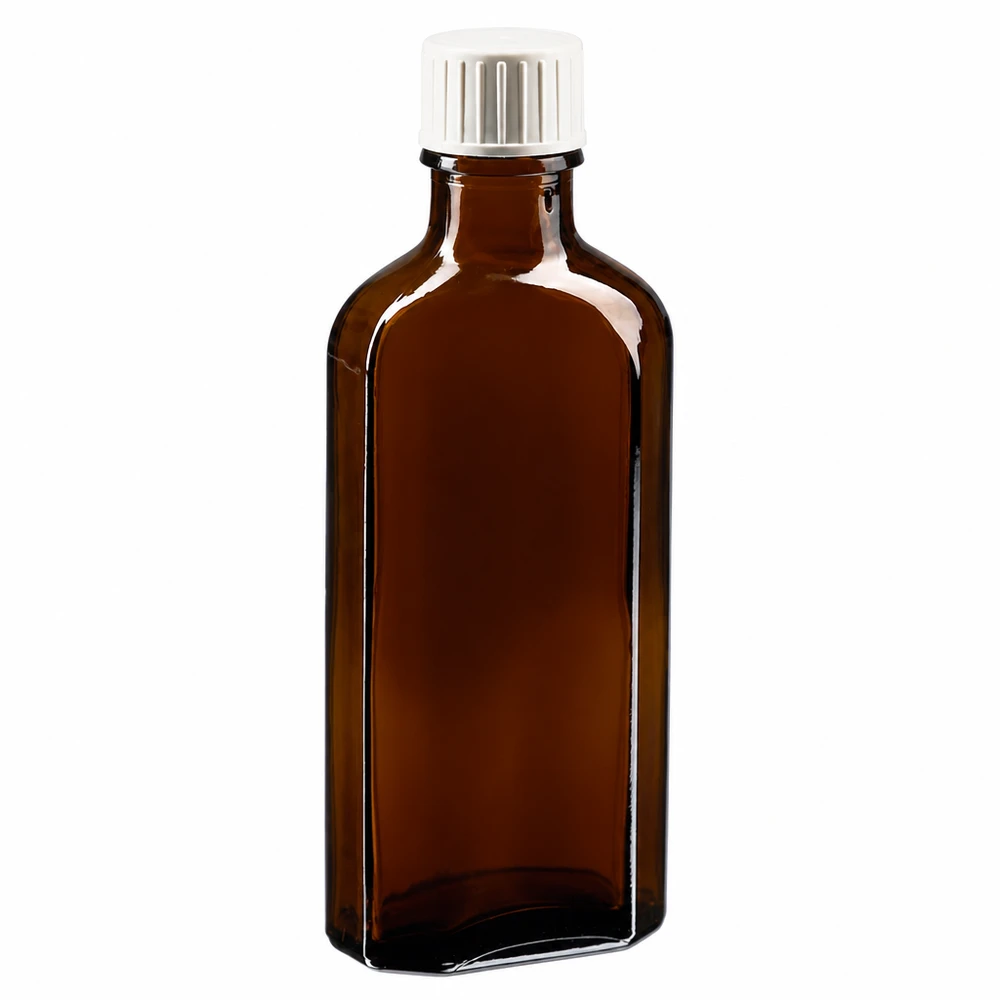 Flacon Meplat de 100 ml, en verre brun, avec bouchon à vis blanc et anneau verseur en verre brun