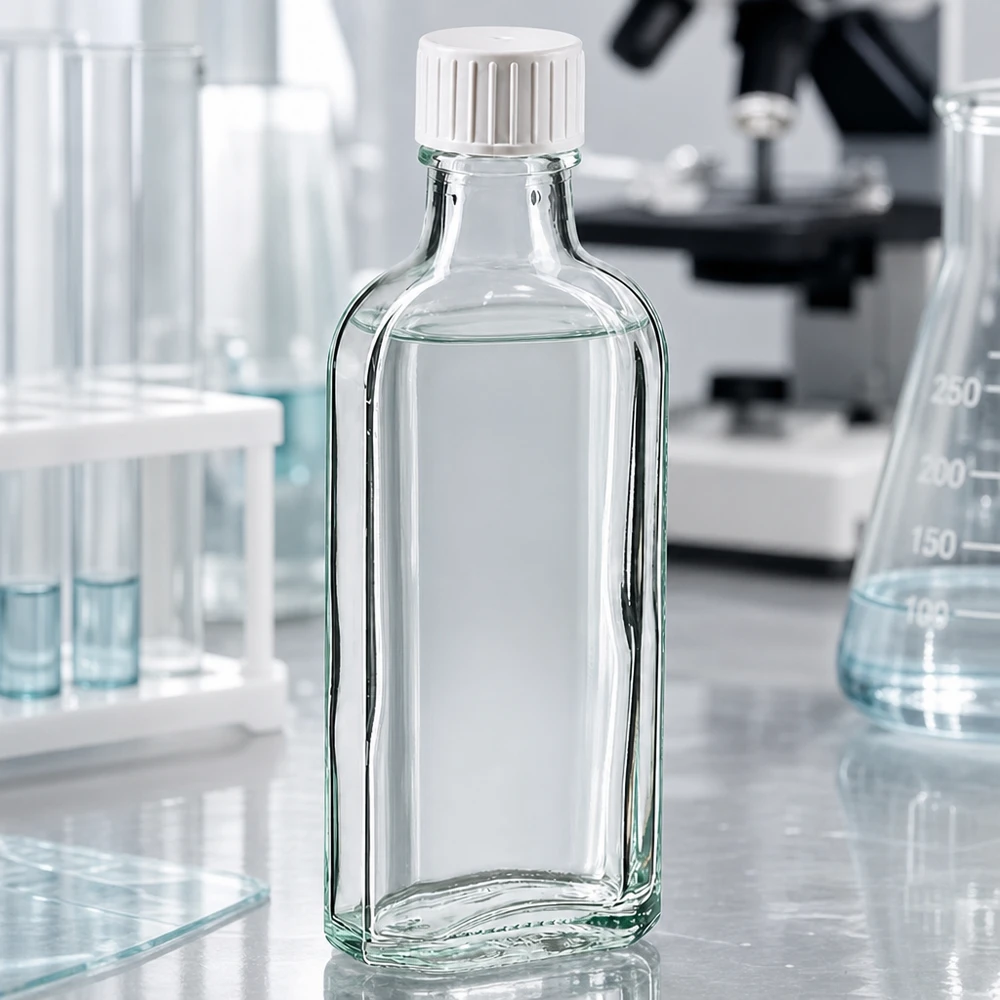 Flacon en verre plat de 100 ml, de forme « Meplat », muni d'un bouchon à vis blanc et d'un anneau verseur, destiné à un usage en laboratoire