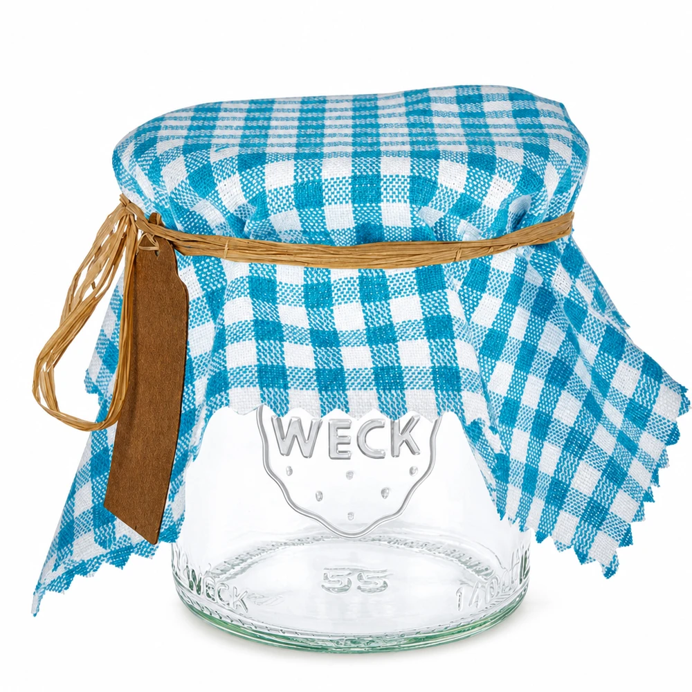 Tissu napperon pour décoratif turquoise à carreaux 15cm carré Cache-bijoux en tissu à carreaux turquoise et blanc sur un bocal de conservation avec raphia et pendentif marron