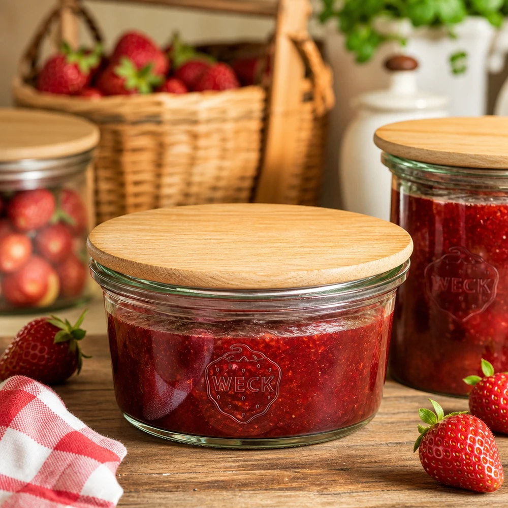 WECK Mini pot renversé 50ml rempli de confiture de fraises avec couvercle en bambou dans une cuisine rustique avec des fraises fraîches