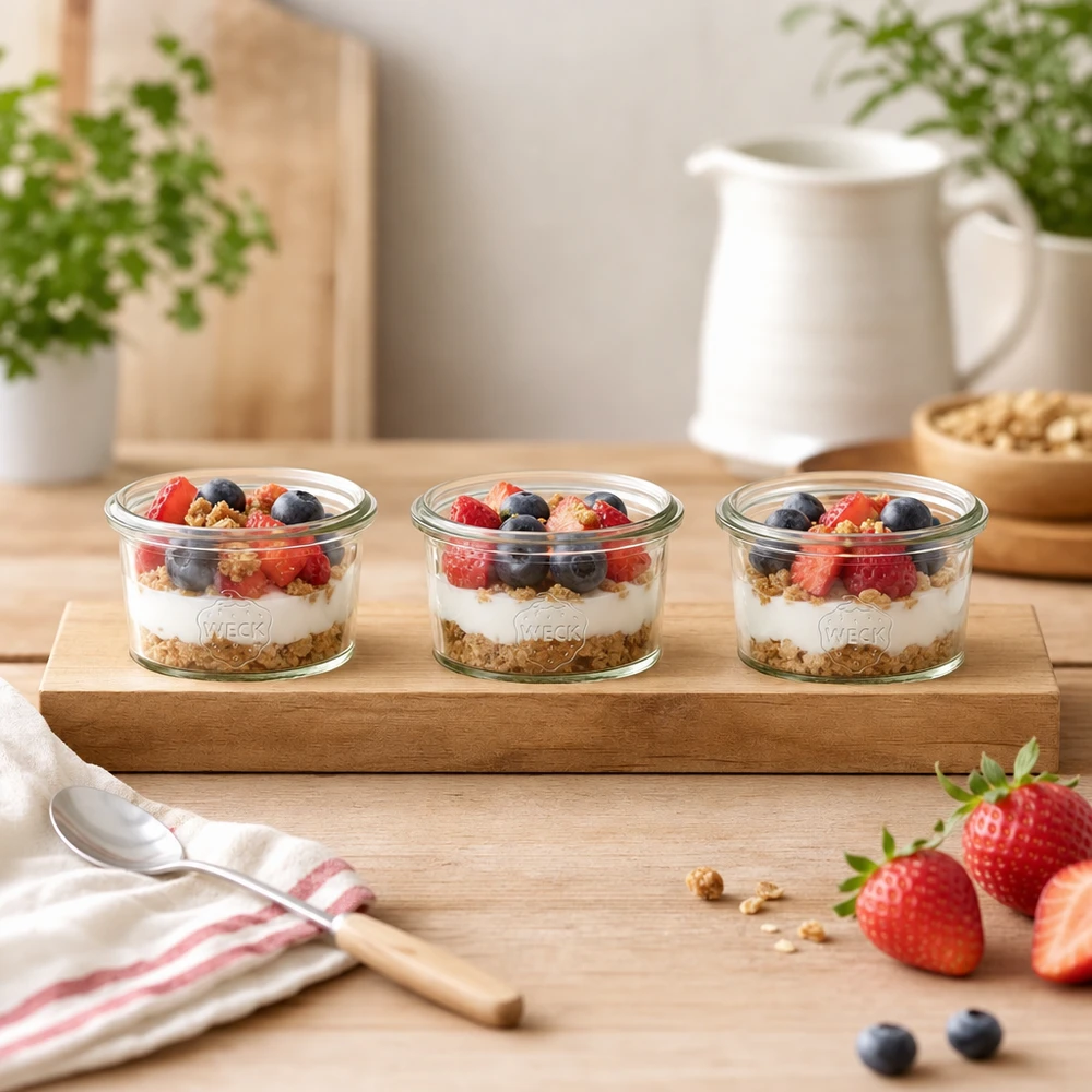 Plateau de service Plano3 avec 3 bocaux Weck de 80 ml Planche à servir en bois Plano3 avec des pots renversés Weck de 80ml comme parfait au yaourt avec des baies et du granola dans une cuisine claire