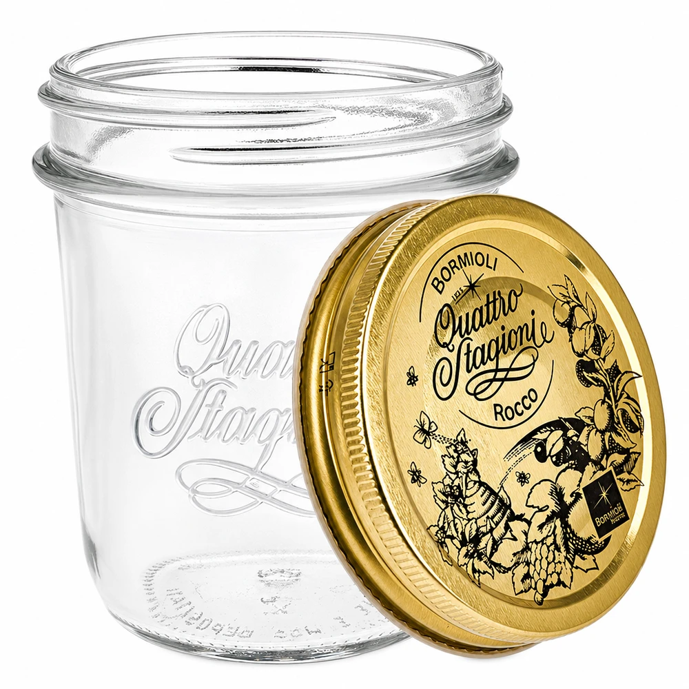 Verre renversé de 320 ml « Quattro Stagioni » avec couvercle Bormioli Rocco Quattro Stagioni 320ml bocal ouvert avec couvercle doré amovible et motif d'herbes aromatiques