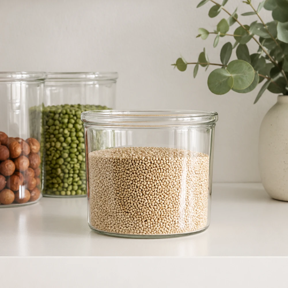 Bocal WECK RR40 de 35 ml WECK Pot renversé 35ml RR40 rempli de quinoa à côté d'autres bocaux de conservation avec des légumineuses dans la cuisine moderne