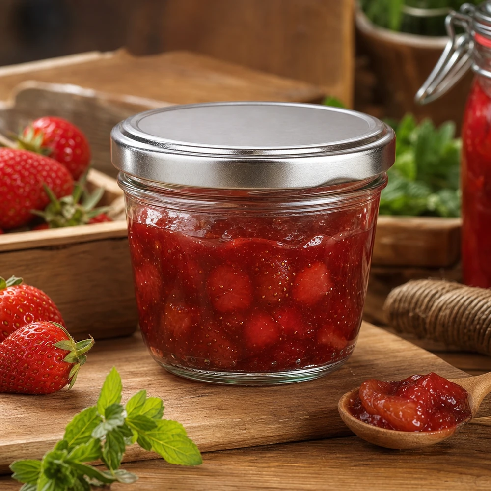 Pot renversé de 230 ml avec couvercle BasicSeal argenté rempli de confiture de fraises sur planche en bois avec fraises fraîches