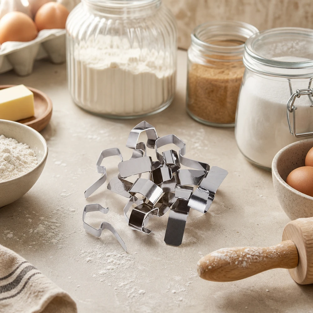Attache pour conserve WECK Einkochklammern in häuslicher Küche zwischen Backzutaten und Einmachgläsern - praktische Küchenhelfer im Alltag
