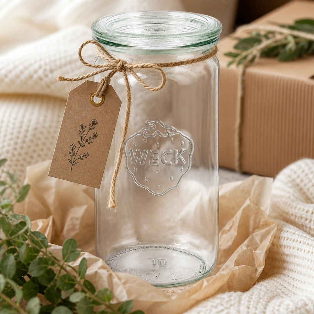 WECK 340ml pot cylindrique RR60 décoratif avec corde de jute et étiquette comme emballage cadeau sur textile beige