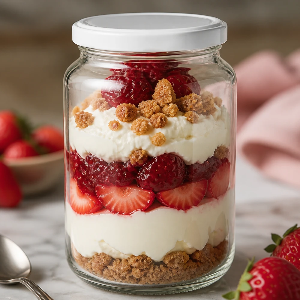 382ml Verre rond avec couvercle BasicSeal blanc UNiTWIST Verre rond de 382 ml UNiTWIST avec couvercle blanc BasicSeal comme verre à dessert avec dessert stratifié fraises et crème fraîche