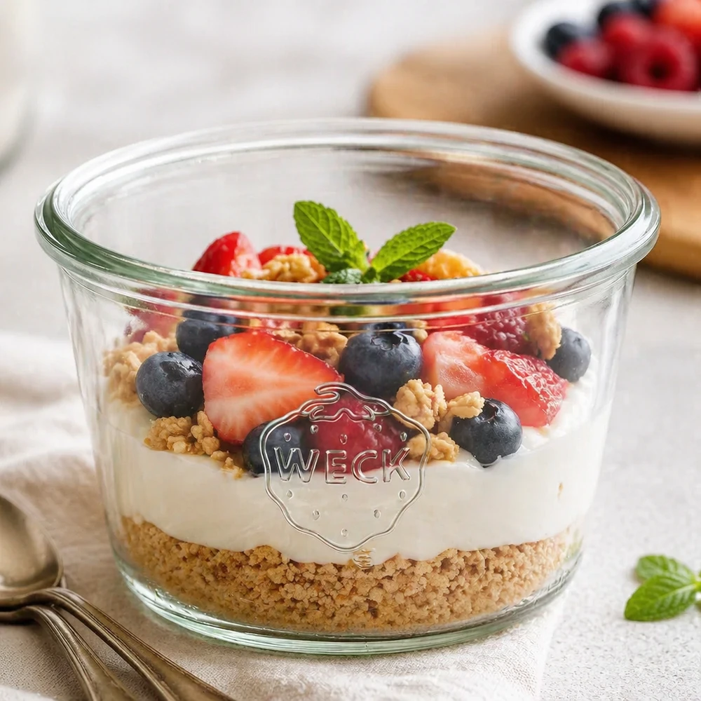 370ml bocal conique WECK RR100 WECK Verre renversé 370ml RR100 rempli de yaourt Baies Muesli sur table en bois blanc