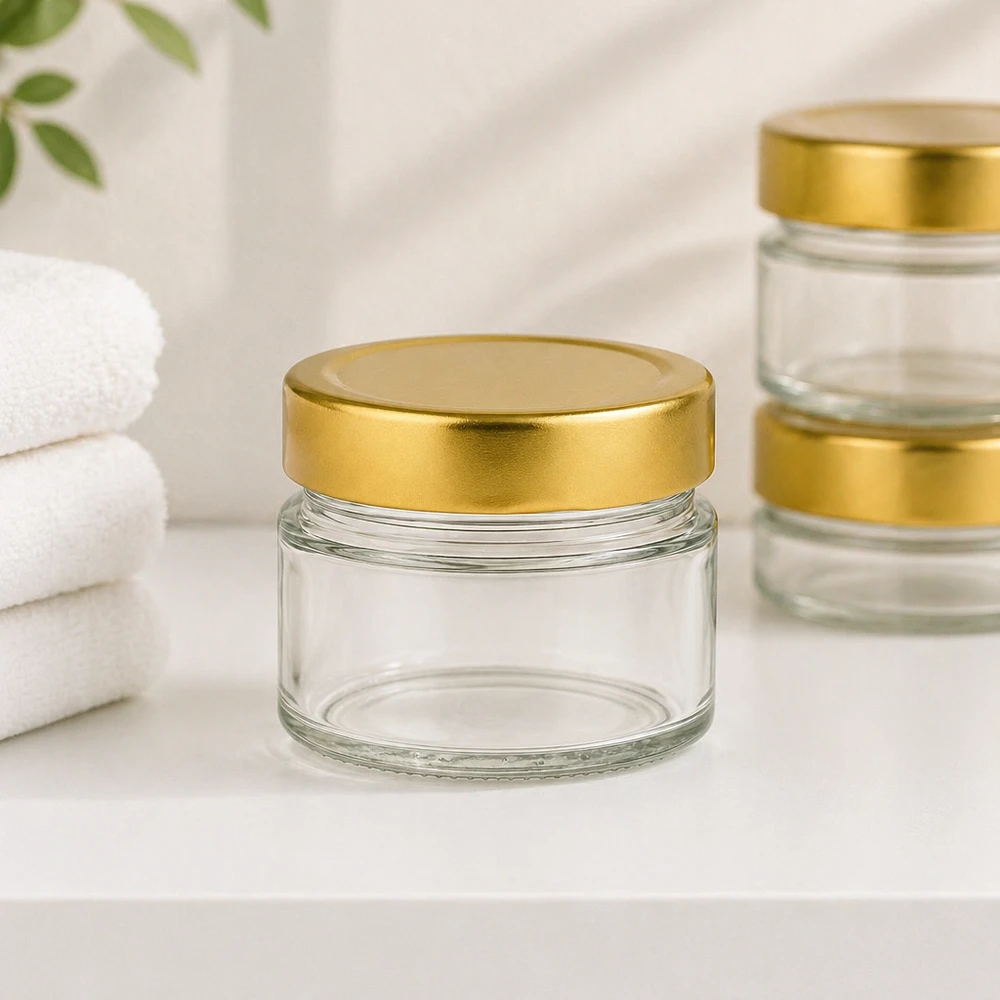 80ml Verre rond avec couvercle BasicSeal or UNiTWIST Pot rond de 80ml avec couvercle BasicSeal gold deep dans une ambiance salle de bain avec serviettes blanches pour cosmétiques
