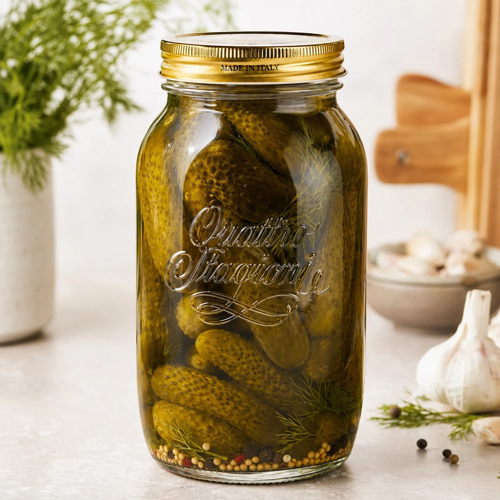 1500ml verre rond « Quattro Stagioni » avec couvercle Quattro Stagioni 1500ml Einmachglas gefüllt mit eingelegten Gurken und Dill zeigt praktische Verwendung als Konservengla